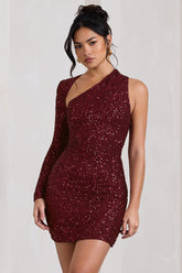 Burgundy Sequin One Shoulder Bodycon Mini Dress